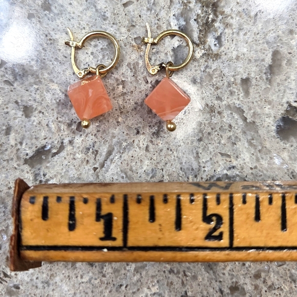 Source Unknown Jewelry - Gold and Orange Square Stone Coral Color Earrings Minimalist‎ Design